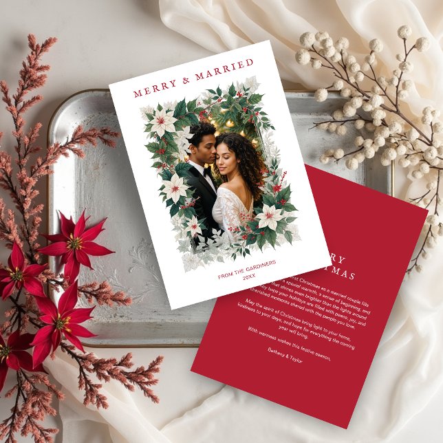 Red Romantic Christmas Botanical Frame Photo Julkort (Red Romantic Christmas Botanical Frame Holiday Cards with Photo for First Christmas Married.)