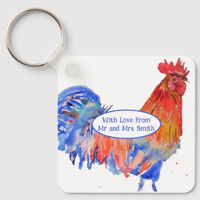 Red Rooster Chicken Blue Watercolor Wedding Nyckelring (Framsida)