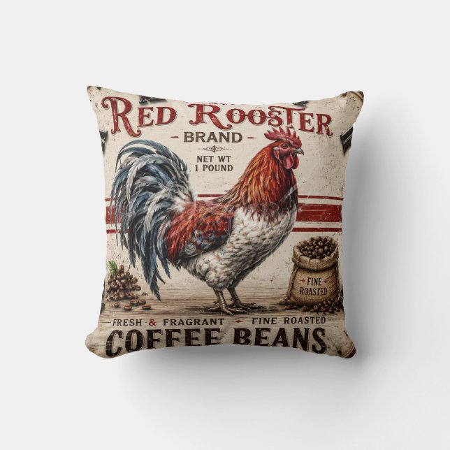 Red Rooster Coffee Beans Rustic Farmhouse Kudde (Framsida)