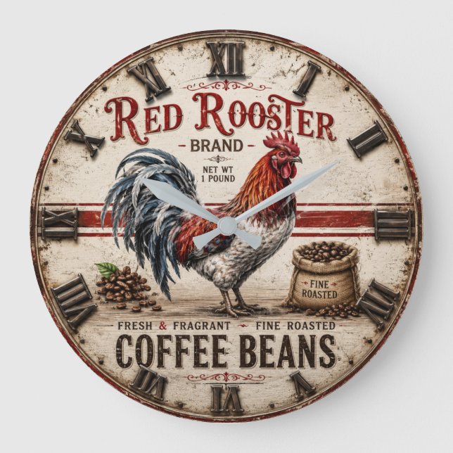 Red Rooster Coffee Beans Rustic Farmhouse Stor Klocka (Framsida)