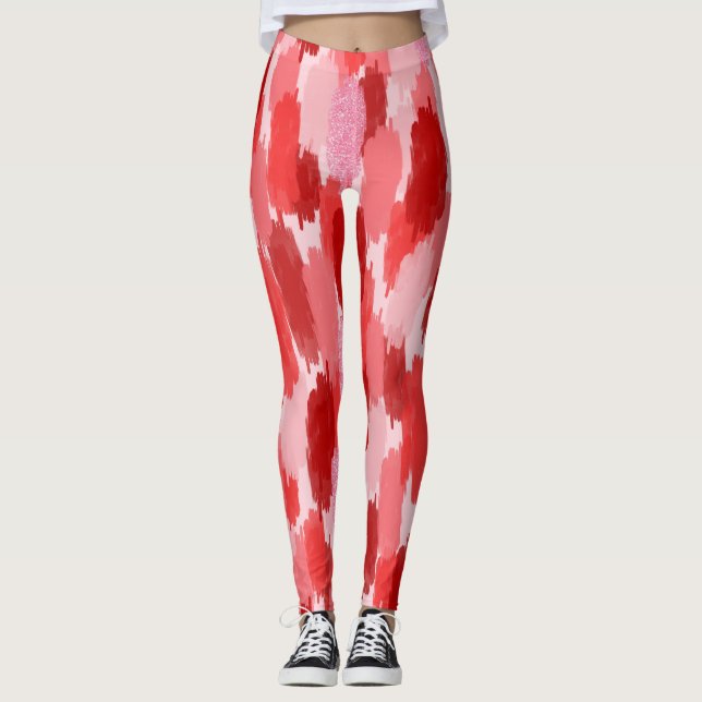 Red Rosa Abstrakt Brushstrokes Mönster Leggings (Framsida)
