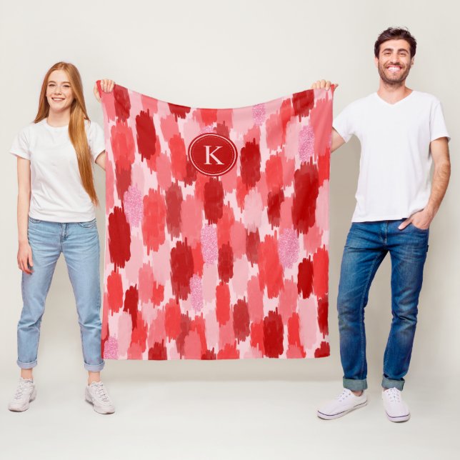 Red Rosa Abstrakt Brushstrokes Mönster Monogram Fleecefilt (På plats)
