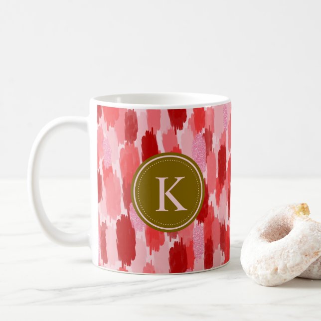 Red Rosa Abstrakt Brushstrokes Mönster Monogram Kaffemugg (Med munk)