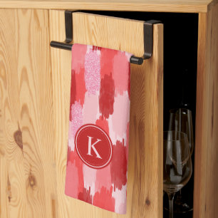 Red Rosa Abstrakt Brushstrokes Mönster Monogram Kökshandduk