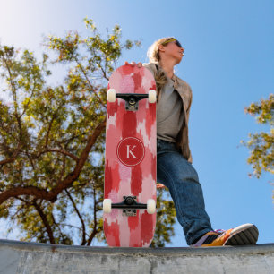 Red Rosa Abstrakt Brushstrokes Mönster Monogram Mini Skateboard Bräda 18,5 Cm