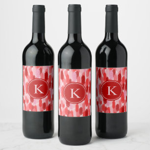 Red Rosa Abstrakt Brushstrokes Mönster Monogram Vinflaska Etikett