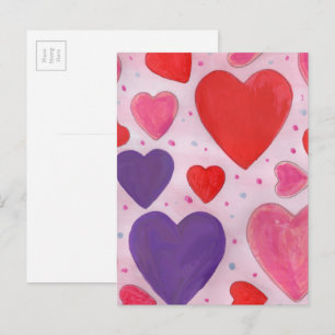 Red Rosa and Lila Valentine Day Hearts Design Helg Vykort