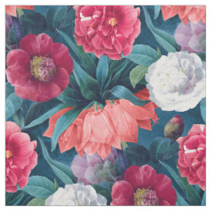 Red, Rosa and White Peony and Lily Flowers Tyg