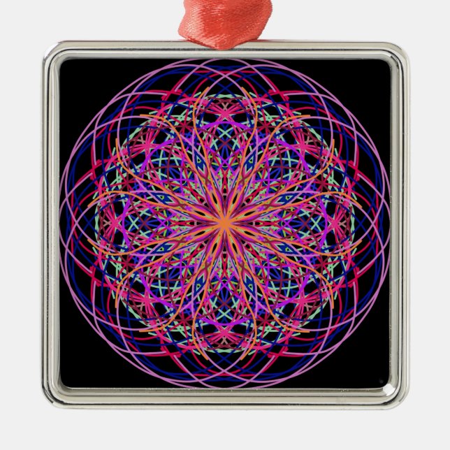 Red Rosa Black Kaleidoscope Mandala Art Julgransprydnad Metall (Framsidan)