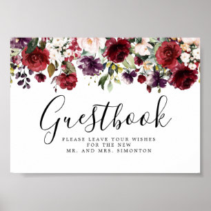 Red Rosa Blommigt Bröllop Guestbook-tecken Poster