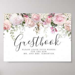 Red Rosa Blommigt Bröllop Guestbook-tecken Poster