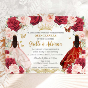 Red  Rosa Blommigt Twillingar Guld Quinceañera Inbjudningar
