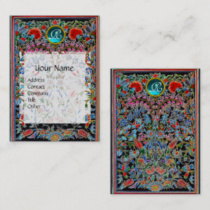 RED ROSA BLUE ORIENTAL FLOWERS DAMASK MONOGRAM VISITKORT