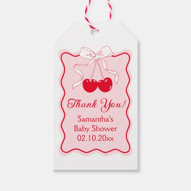 Red Rosa Bow Cherry on Top Baby Shower Favor Presentetikett (Framsidan)