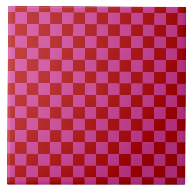 Red + Rosa Check Checkerboard Mönster Kakelplatta (Framsidan)
