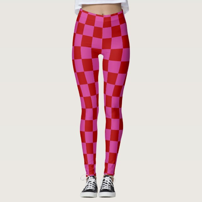 Red + Rosa Check Checkerboard Mönster Leggings (Framsida)