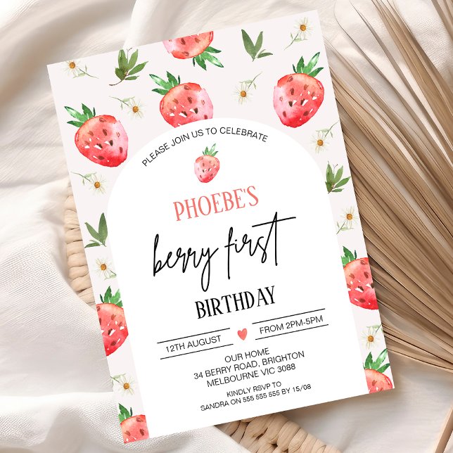 Red Rosa Daisy Strawberry Berry Första födelsedag Inbjudningar (Modern Berry First Birthday Invitation, Strawberry Strawberries Red Pink Arch Daisy 1st Birthday)