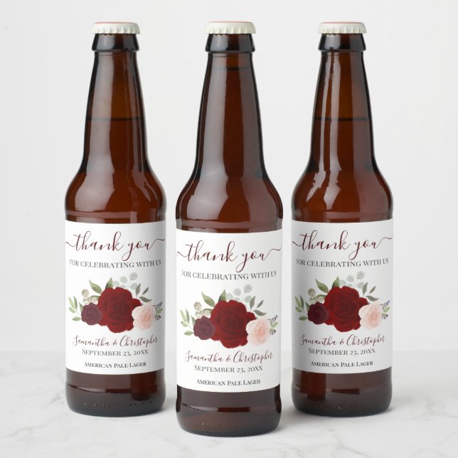 Red & Rosa Elegant Boho Ro Bröllop Tack Ölflaska Etikett (Flaskor)