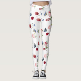 Red & rosa Flower blue butterfly Blommönster Leggings