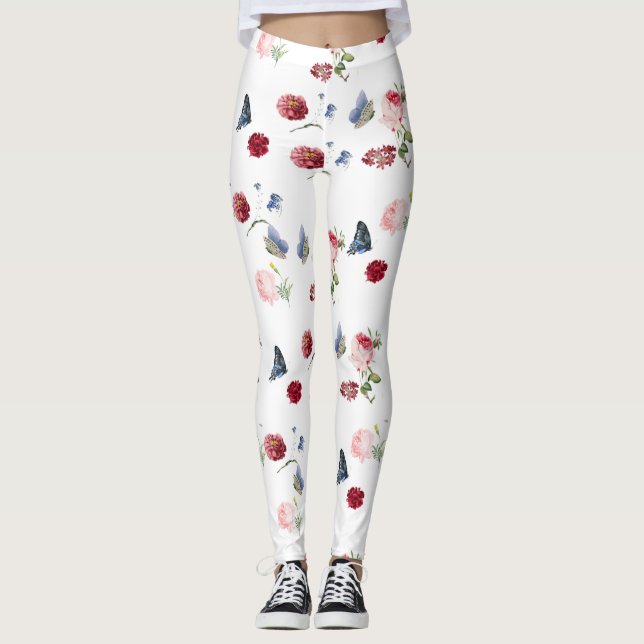 Red & rosa Flower blue butterfly Blommönster Leggings (Framsida)
