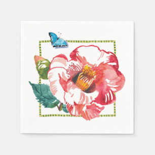 Red Rosa Flower Camellia Blue Butterfly Pappersservett