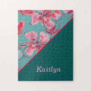 Red Rosa Flowers Monogrammed Grönt Ombre Gradient Pussel