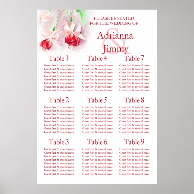 Red rosa fuchsia Bröllop Seating Bord Planner 1-9 Poster (Framsidan)