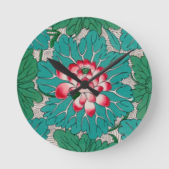 Red Rosa Grönt Teal Chinese Lotuses Mönster Rund Klocka (Framsida)