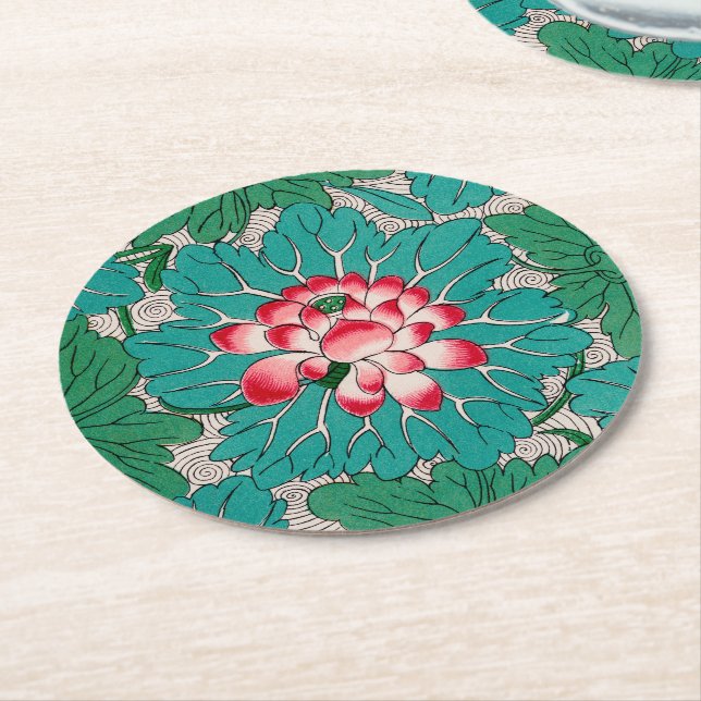 Red Rosa Grönt Teal Chinese Lotuses Mönster Underlägg Papper Rund (Vinklad)