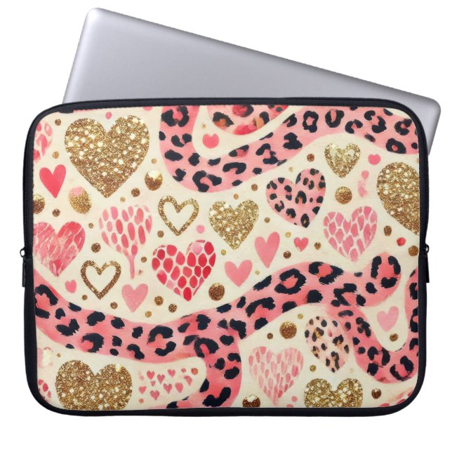 RED ROSA GULD VALENTINE HEARTS & LEOPARD PRINT LAPTOP FODRAL (Framsidan)
