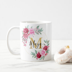 Red Rosa Guld Watercolor Blommigt Monogram M Kaffemugg