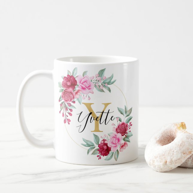 Red Rosa Guld Watercolor Blommigt Monogram Y Kaffemugg (Med munk)