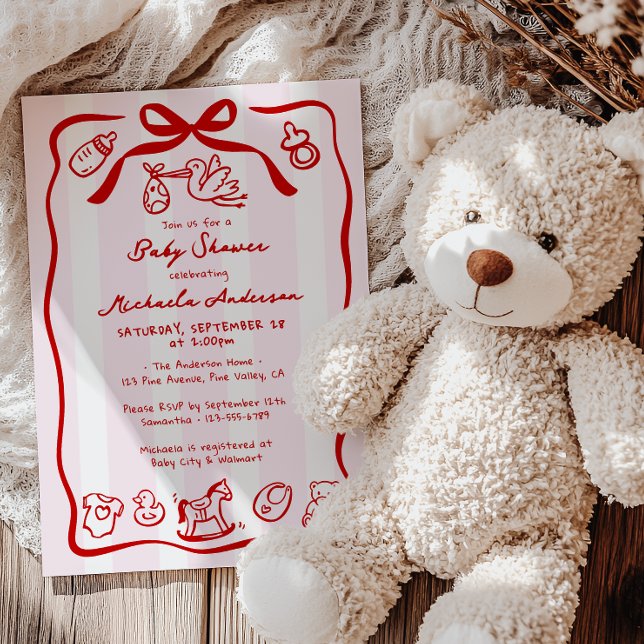 Red & Rosa Hand plockade Doodle Whimsical Baby Sho Inbjudningar (Skapare uppladdad)