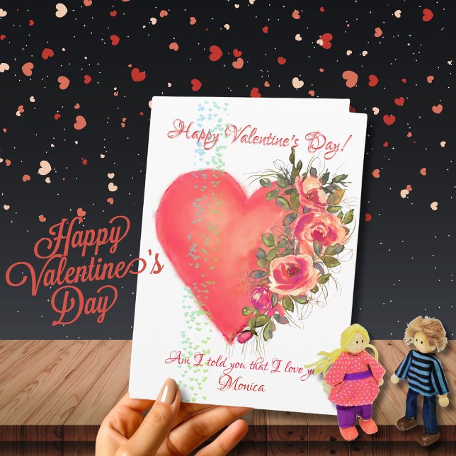 Red Rosa Heart med blomsterhjärtans dagskort Helgkort (Red Heart with Flowers Valentine's Day Card)