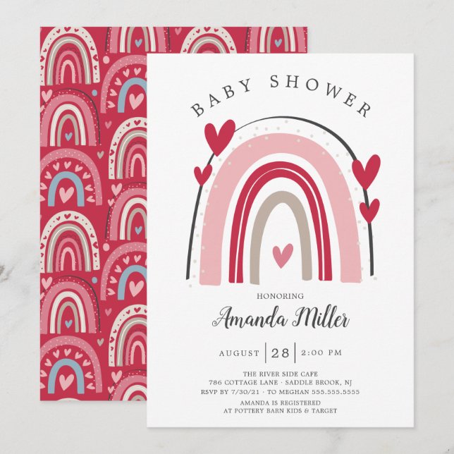 Red Rosa Heart Rainbow Baby Shower-inbjudan Inbjudningar (Fram/baksida)