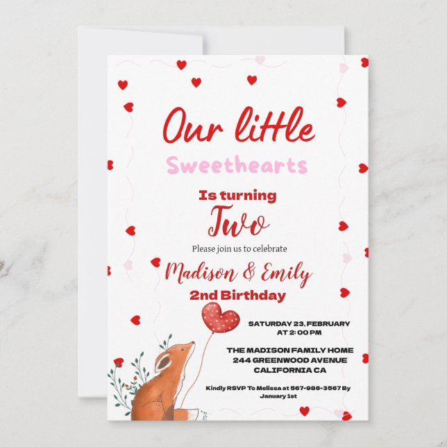 Red Rosa Heart Valentine Day, raring Birthday Inbjudningar (Framsida)