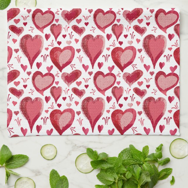 Red Rosa Hearts Mönster Teckning Valentine's Day Kökshandduk (Vikta)