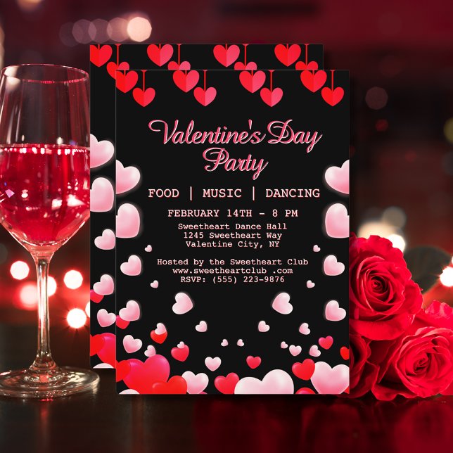 Red Rosa Hearts Valentines Party Food Music Dance Inbjudningar (Red Pink Hearts Valentine's Party Food Music Dance Invitation)
