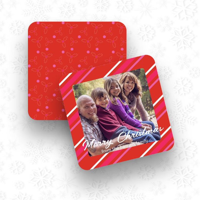 Red & Rosa Holly-jultornet Photo Julkort (Red & Pink Holly Christmas Photo Square Card)