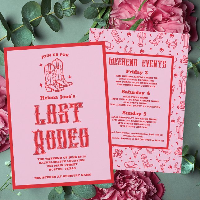 Red Rosa Last Rodeo Bachelorette Helg Inbjudningar (Red Pink Last Rodeo Bachelorette Weekend Invitation
)