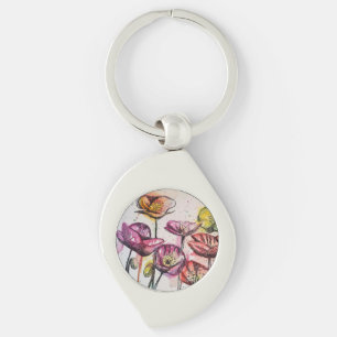 Red Rosa Lila Poppy Flowers Poppies Blommigt Nycke Swirl Silverfärgad Nyckelring