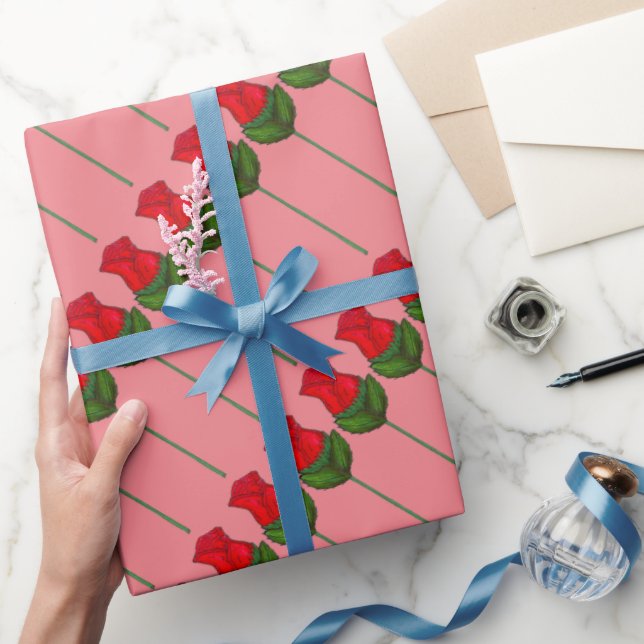 Red Rosa Long Stem Ro Flowers Alla hjärtans dag Presentpapper (Gifting)