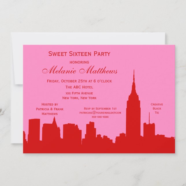Red Rosa NYC Skyline Silhouette Sweet sixteen Inbjudningar (Framsida)