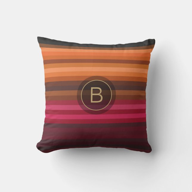 Red Rosa Orange Brown Grått Chic Rand Monogram Kudde (Framsida)