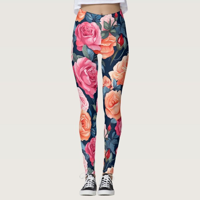 Red Rosa Orange Ro Mönster Design Leggings (Framsida)
