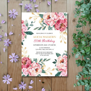 Red Rosa Peony Blommigt Guld Löv Greenery Birthday Inbjudningar