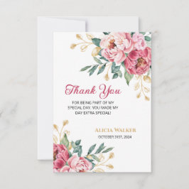 Red Rosa Peony Guld Löv Greenery Birthday Tack Kort