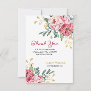 Red Rosa Peony Guld Löv Greenery Birthday Tack Kort