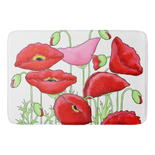 Red Rosa Poppies Art Anpassningsbar Decorative Badrumsmatta (Framsidan)
