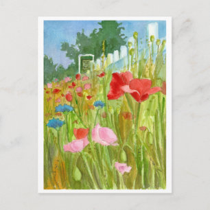 Red Rosa Poppies Watercolor Flowers Vykort